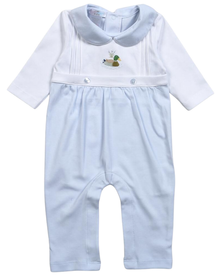 Blue Mallard Duck Hand Embroidered Pima Romper, front