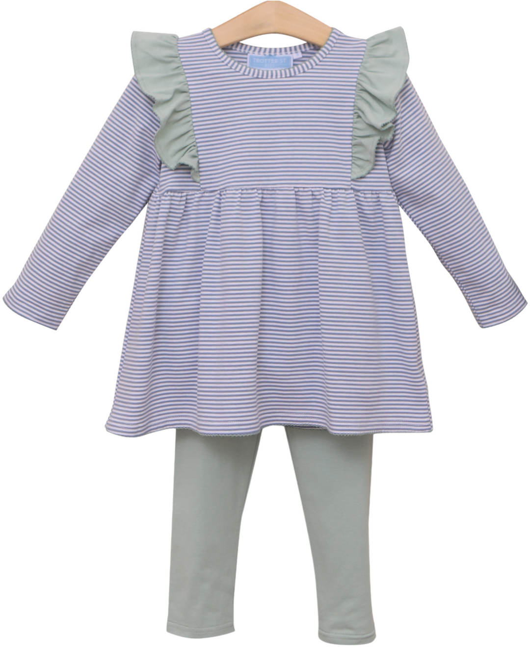 Madison Girls Pants Set- Dusty Blue Stripe/Sage Green, front