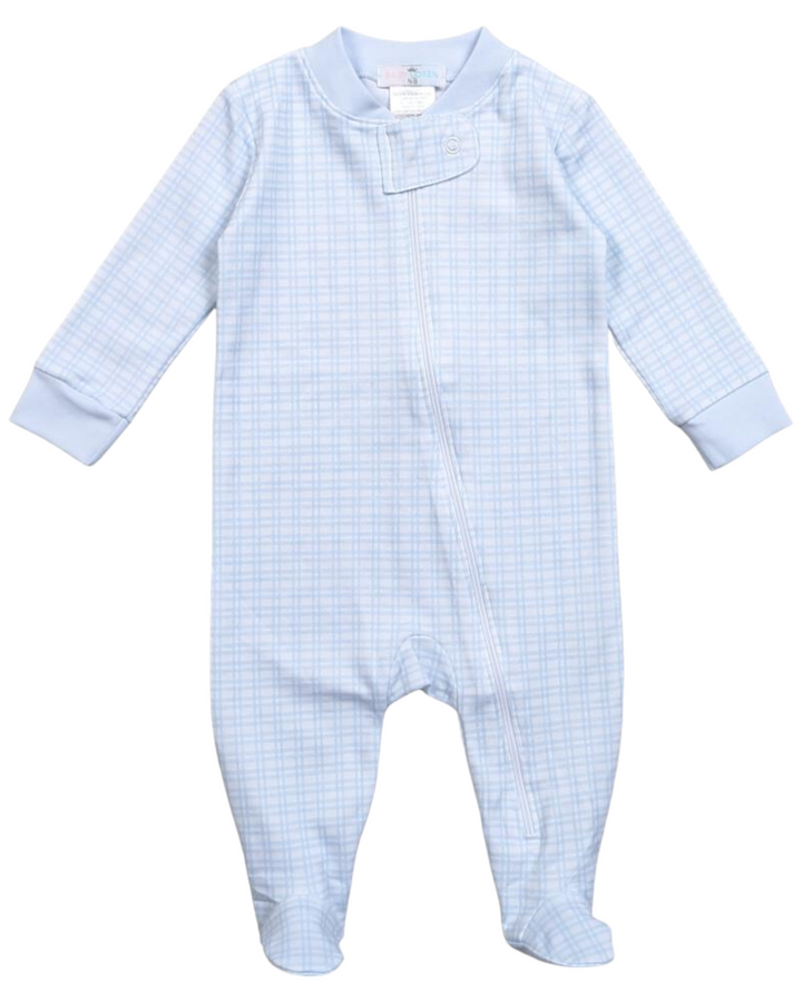 Blue Plaid Pima Zipper Boys Footie, front