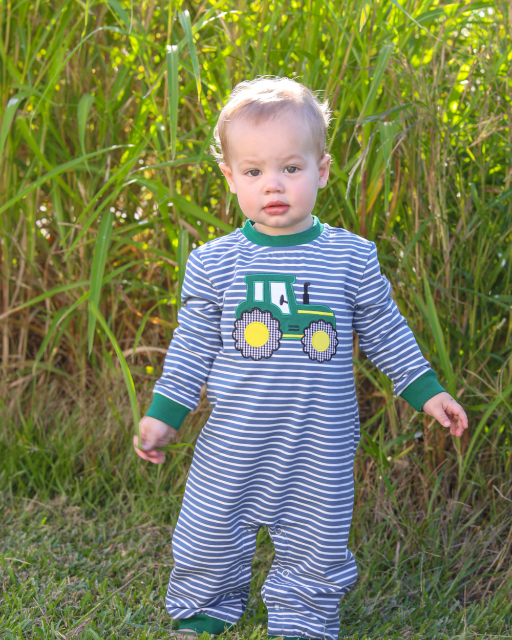 Tractor Blue & Green Stripe Boys Romper, child 1
