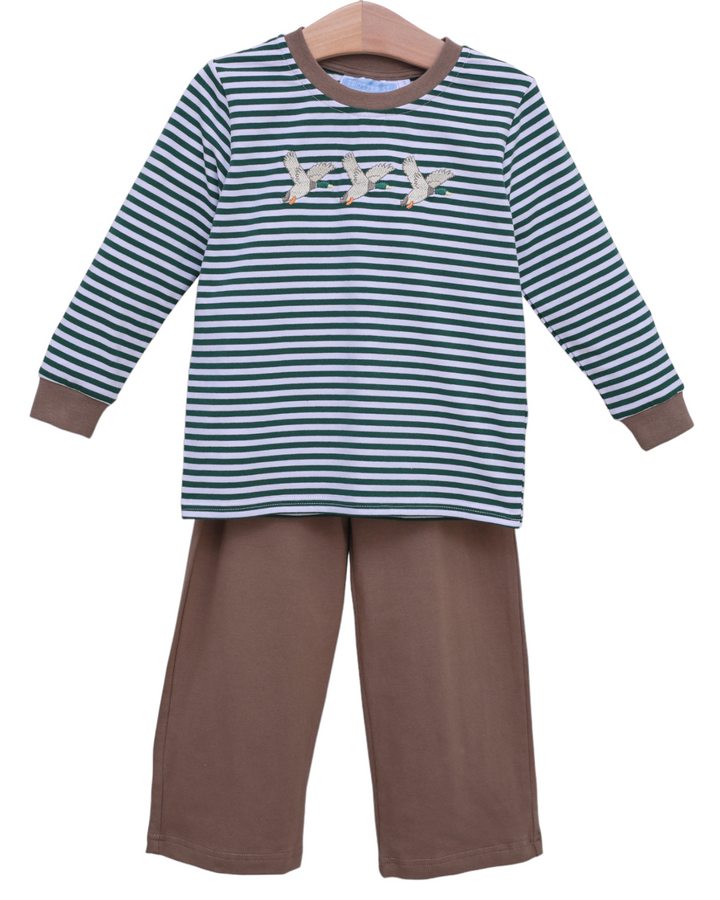 Mallard Embroidered Green Stripe Boys Pants Set, front