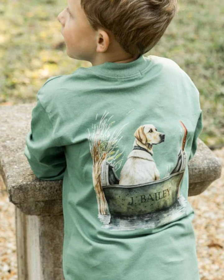 Boys Long Sleeve Logo Tee- Dog In Boat On Green