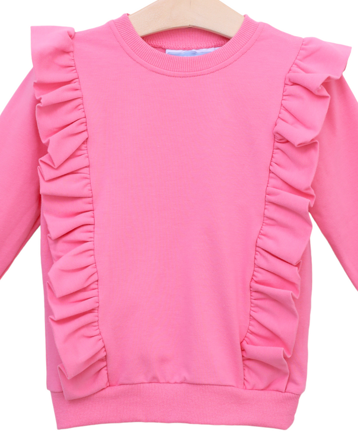 Laura Girl's Ruffle Pullover- Pink, close up