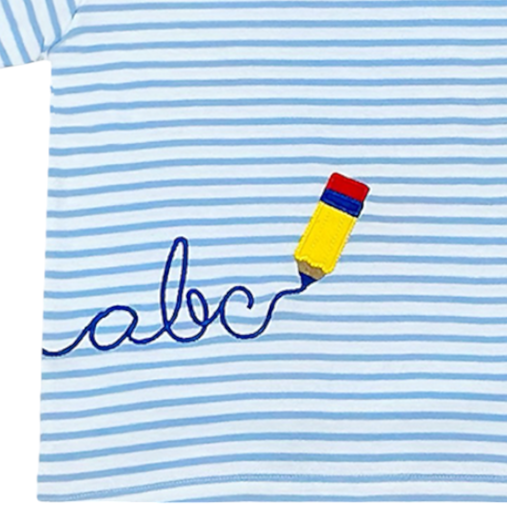 Calligraphy Harry's Play Blue Stripe Boys Tee, close up