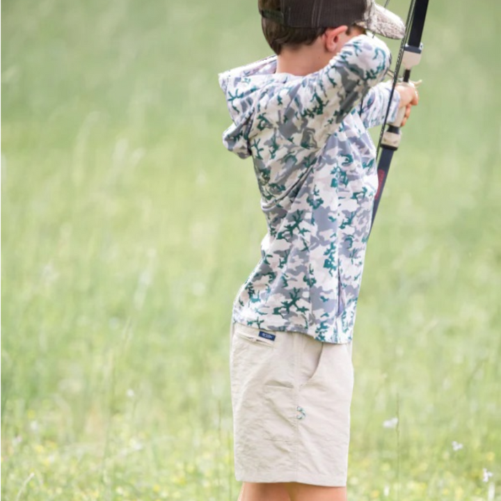 Kid's Pro Performance Hoodie T-Shirt In Neutral Camo, close up