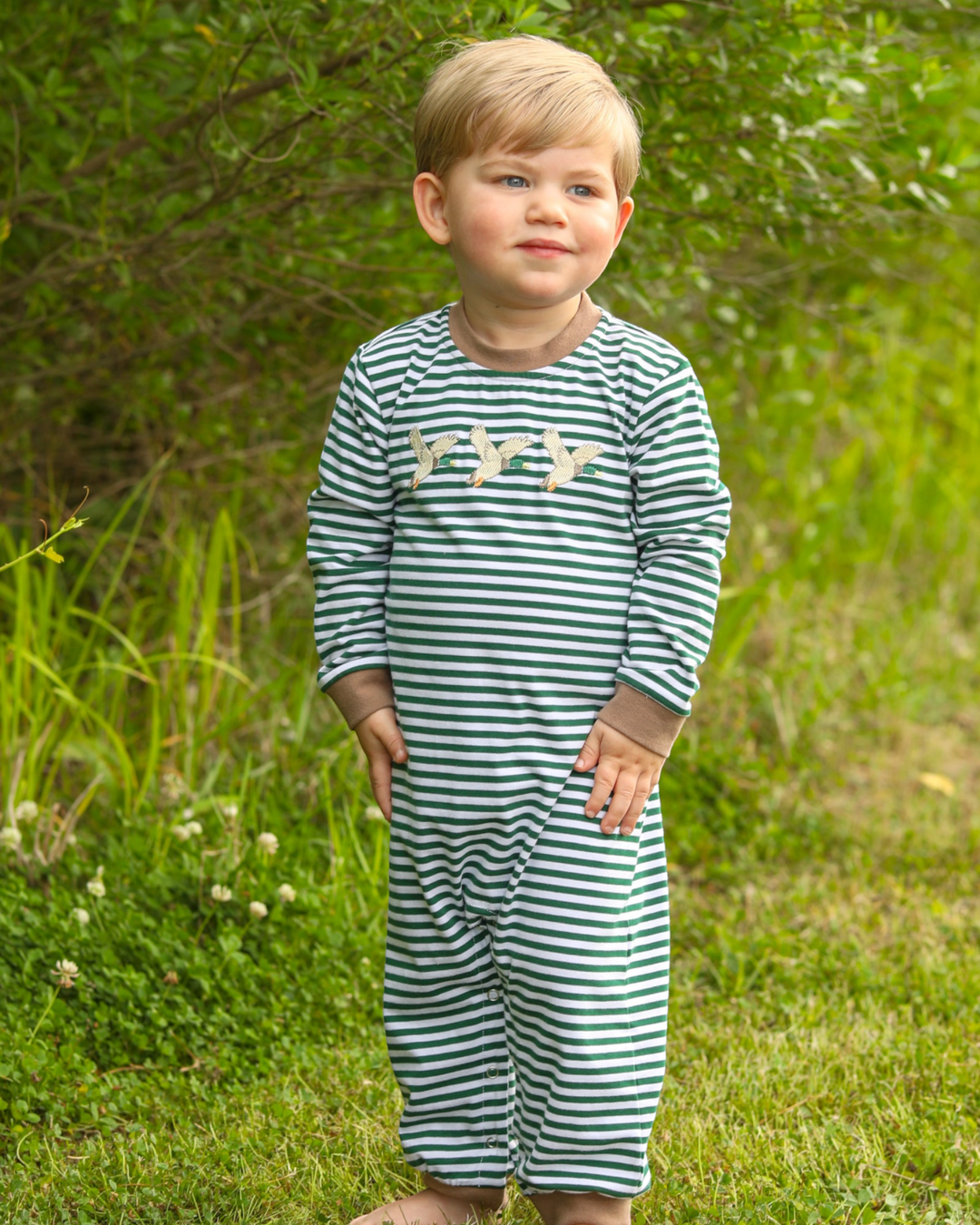 Mallard Embroidered Green Stripe Boys Romper