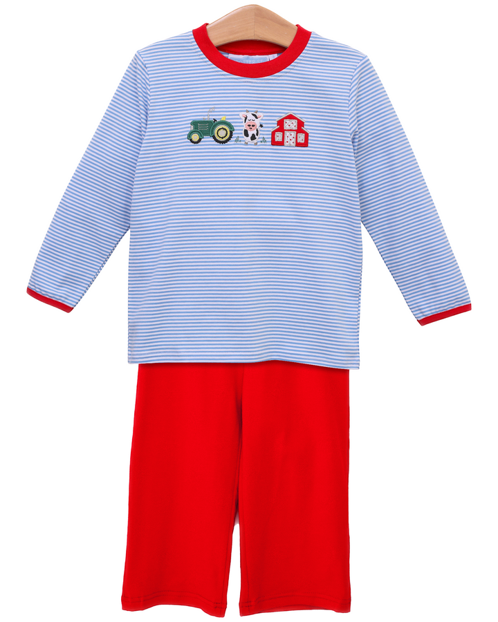 Farm Applique Blue Stripe Boys Pants Set, front