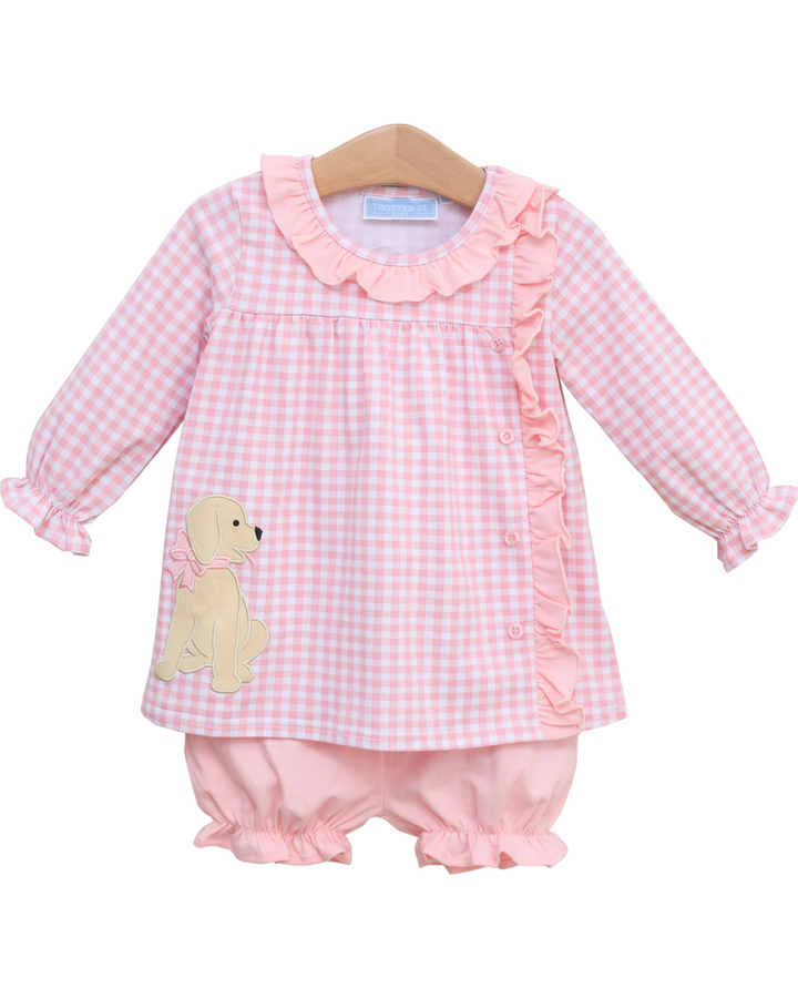 Puppy Applique Pink Gingham Girls Bloomer Set, front