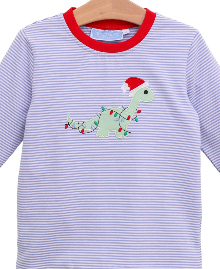 Christmas Dino Applqiue Blue Stripe Boys Shirt, close up