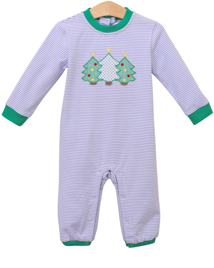 Christmas Tree Applique Blue Stripe Boys Romper