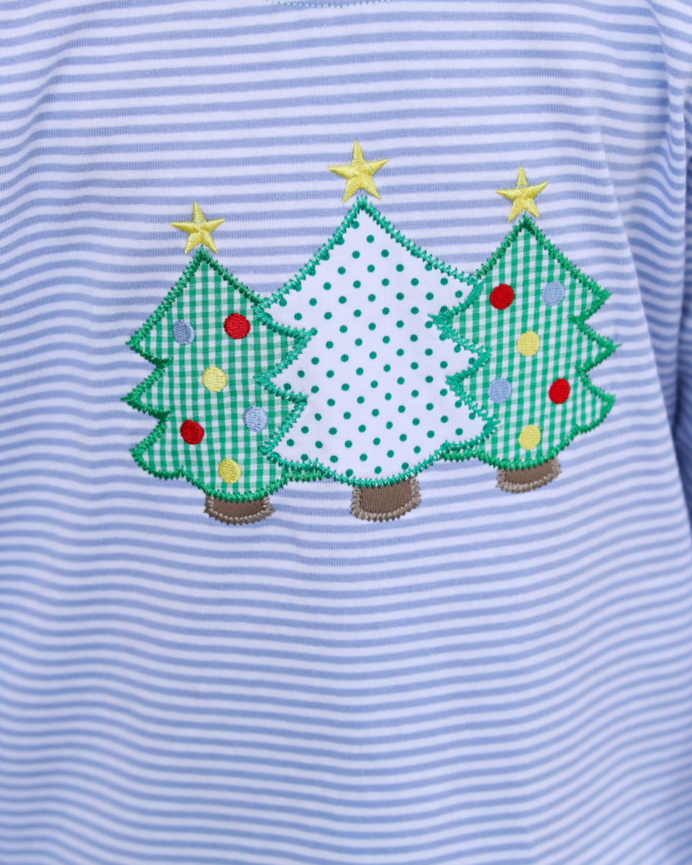 Christmas Tree Applique Blue Stripe Boys Romper, close up