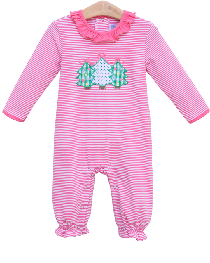 Christmas Tree Applique Pink Stripe Girls Romper