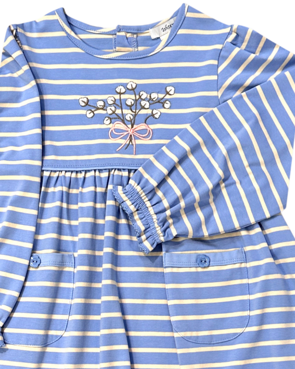 Cotton Applique Blue Stripe Dress, close up