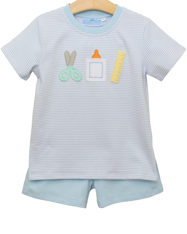 School Supplies Blue Stripe Short Set, front