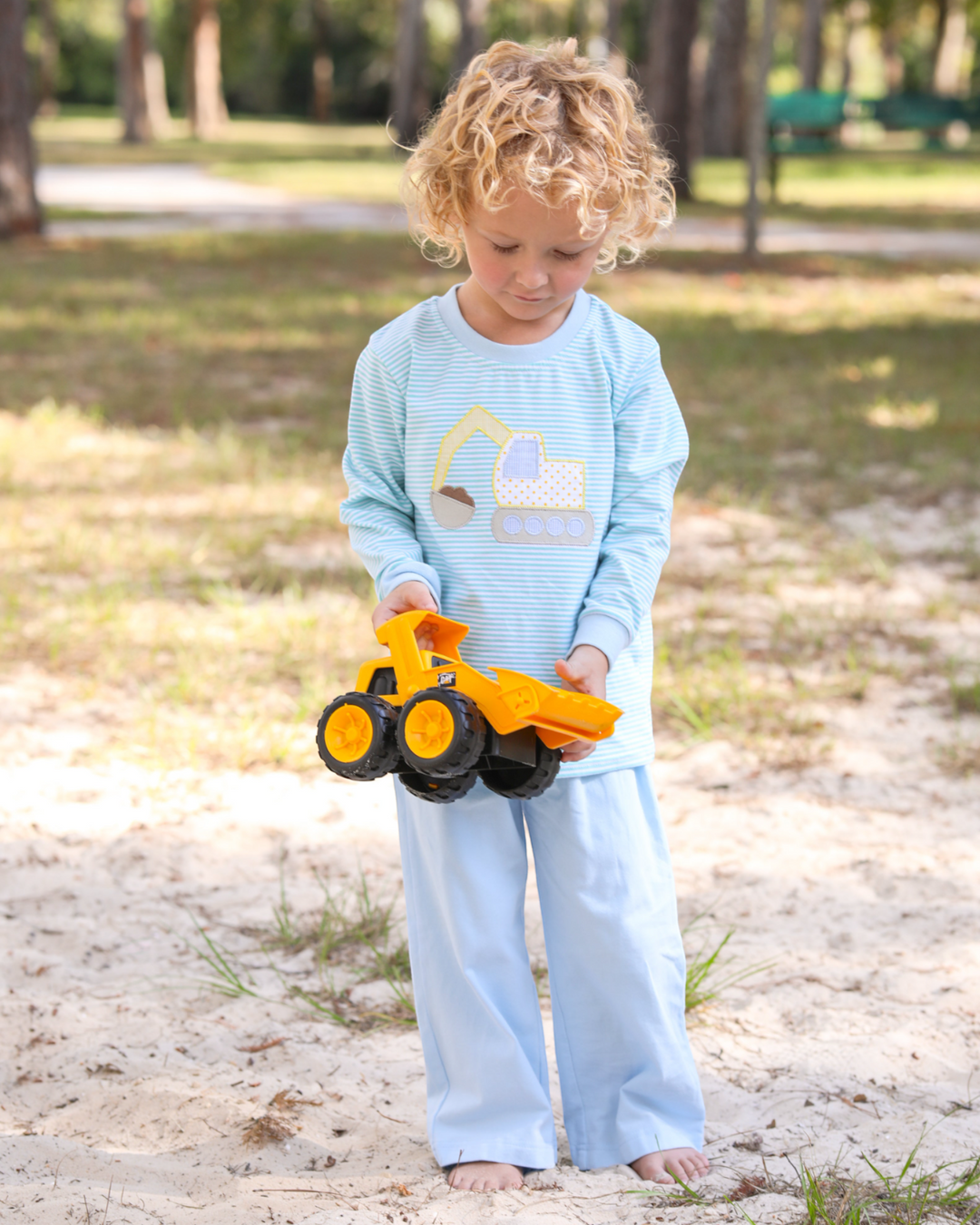 Construction Applique Mint Stripe Boys Pant Set, child 