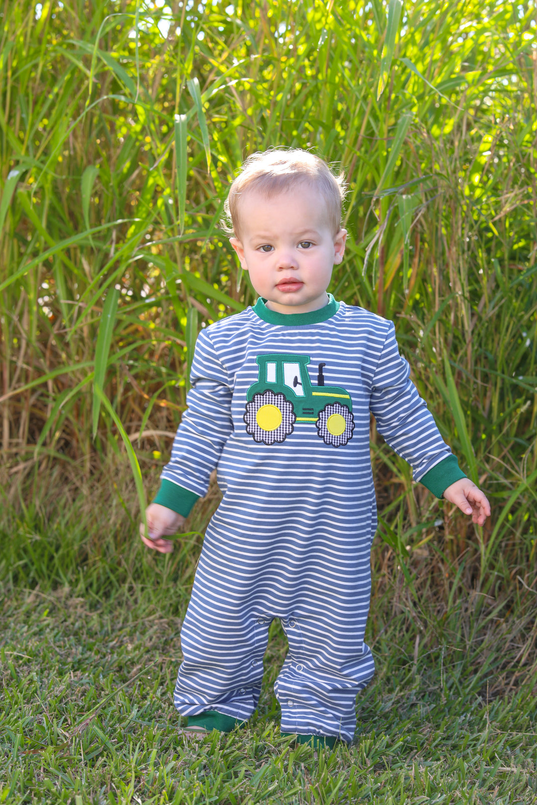 Tractor Blue & Green Stripe Boys Romper, child 2