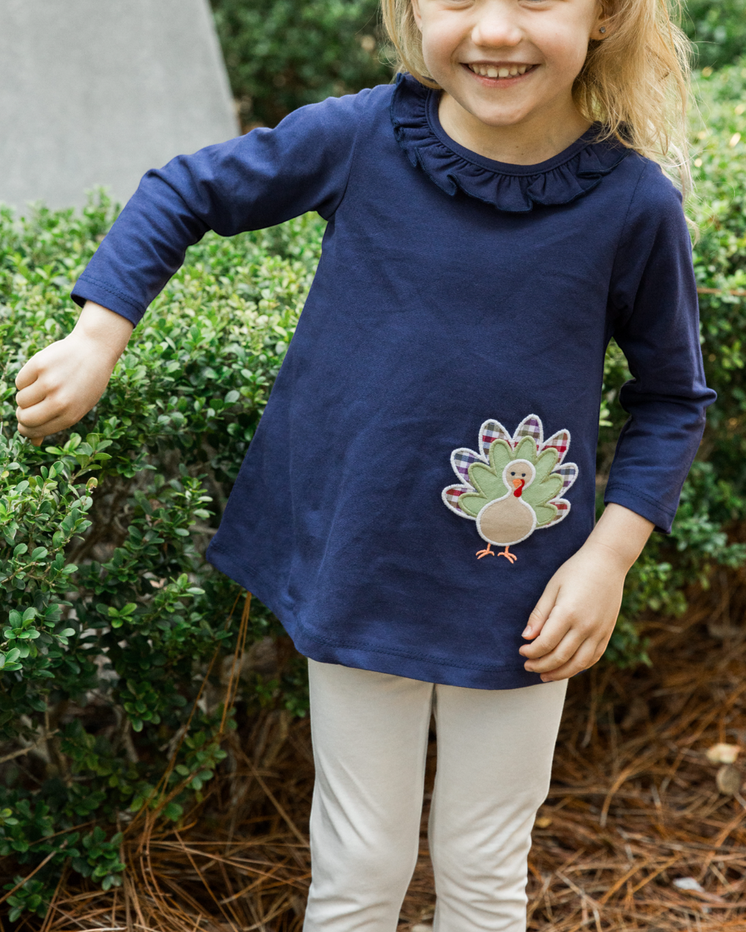 Turkey Applique Blue Tunic Girls Ruffle Pant Set