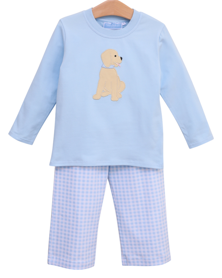 Puppy Applique Blue Stripe Boys Pants Set, front