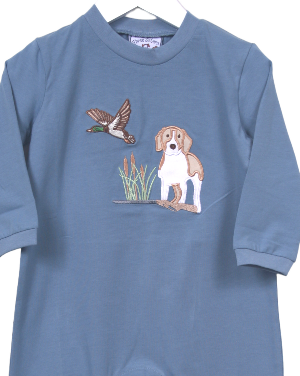 Duck Hunting Applique Blue Boys Romper, Tha tStore, close up