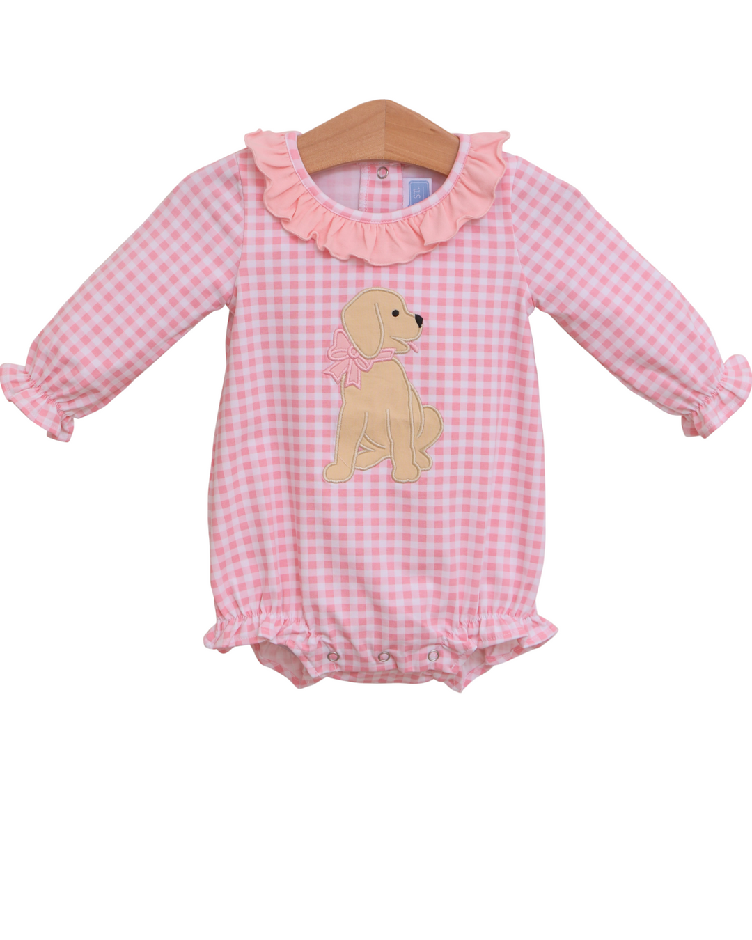 Puppy Applique Pink Gingham Ruffle Bubble, front