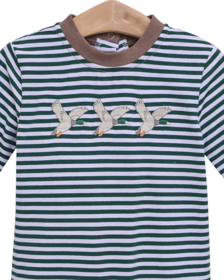 Mallard Embroidered Green Stripe Boys Romper, close up