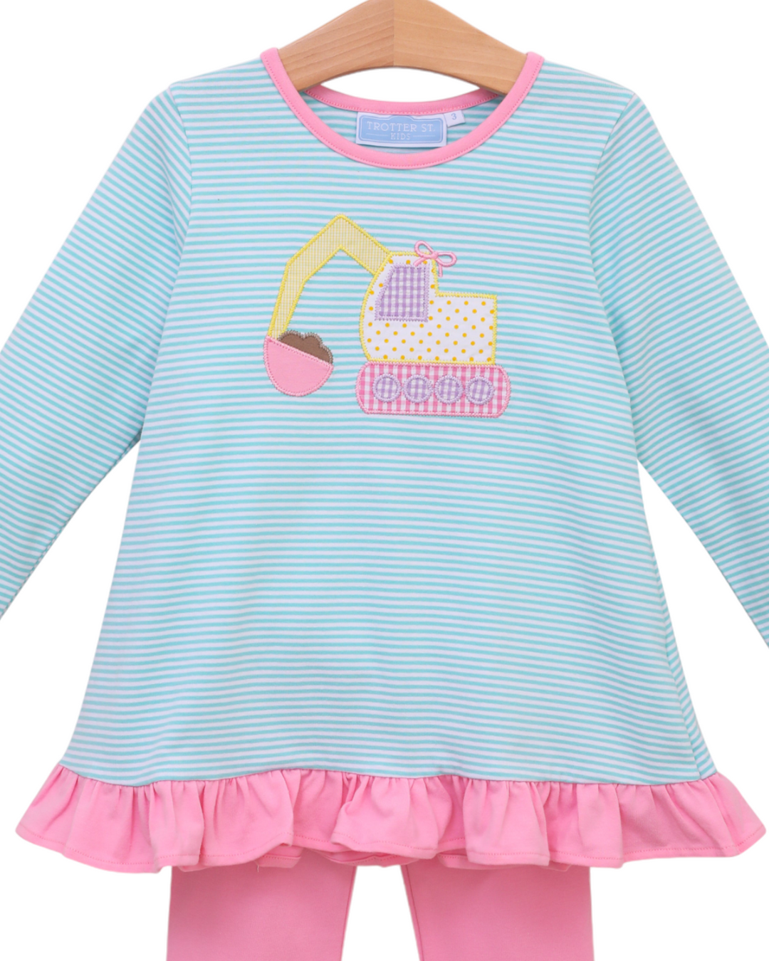 Construction Mint Stripe Girls Ruffle Pants Set, close up