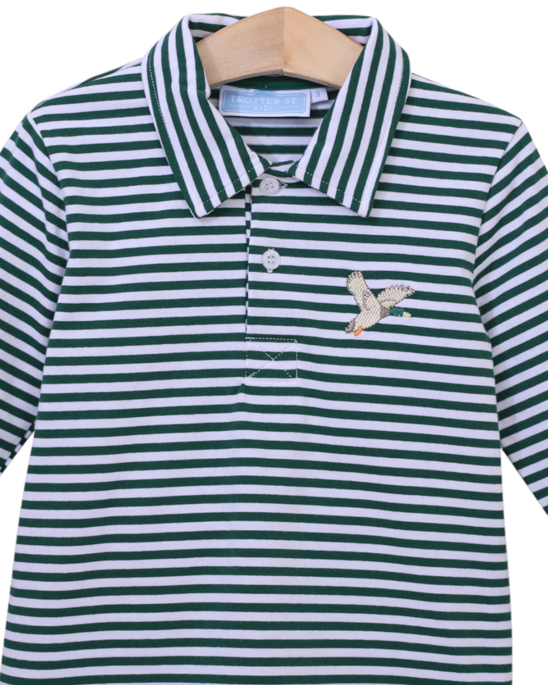 Mallard Embroidered Green Stripe Polo, close up