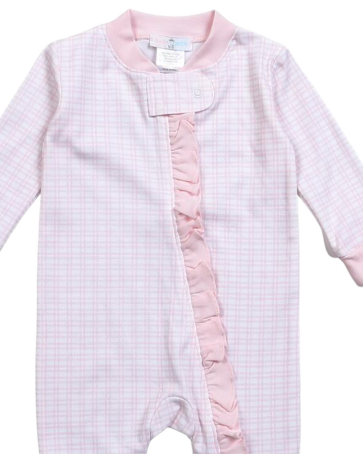 Pink Plaid Pima Zipper Girls Footie, close up