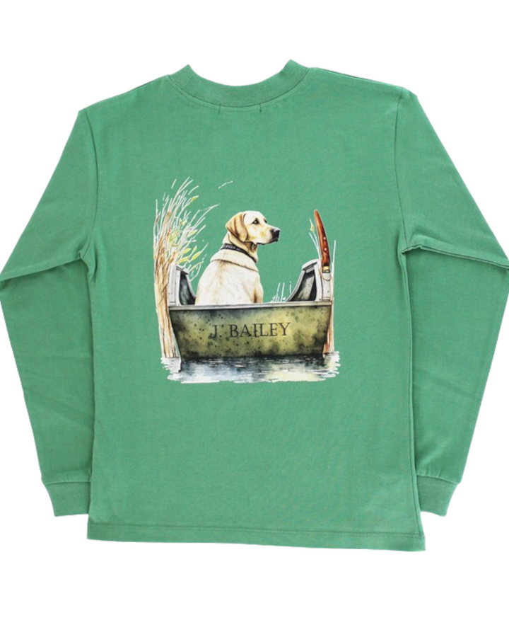 Boys Long Sleeve Logo Tee- Dog In Boat On Green