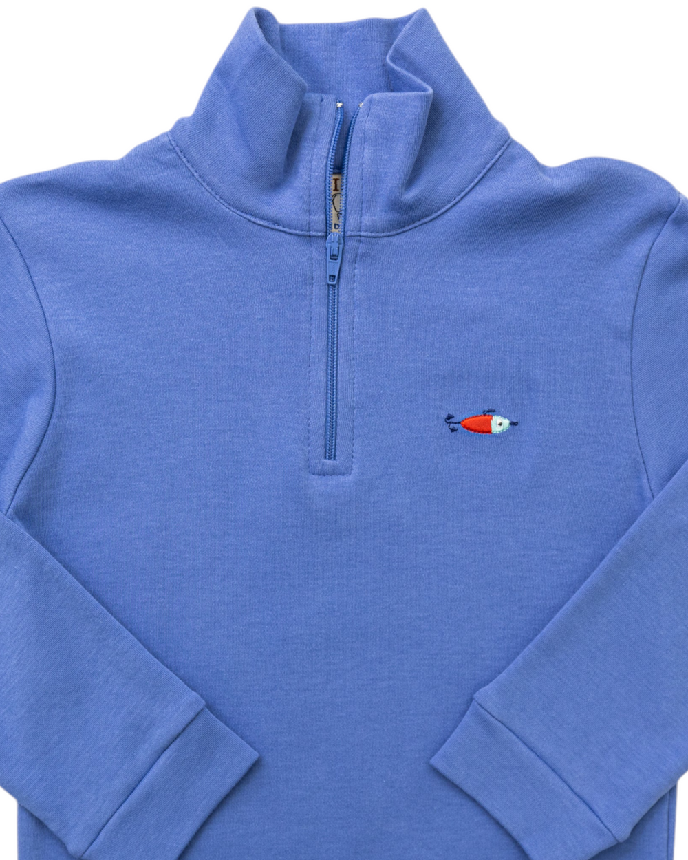 Fishing Lure Embroidered 1/4 Zip Blue Jacket, close up