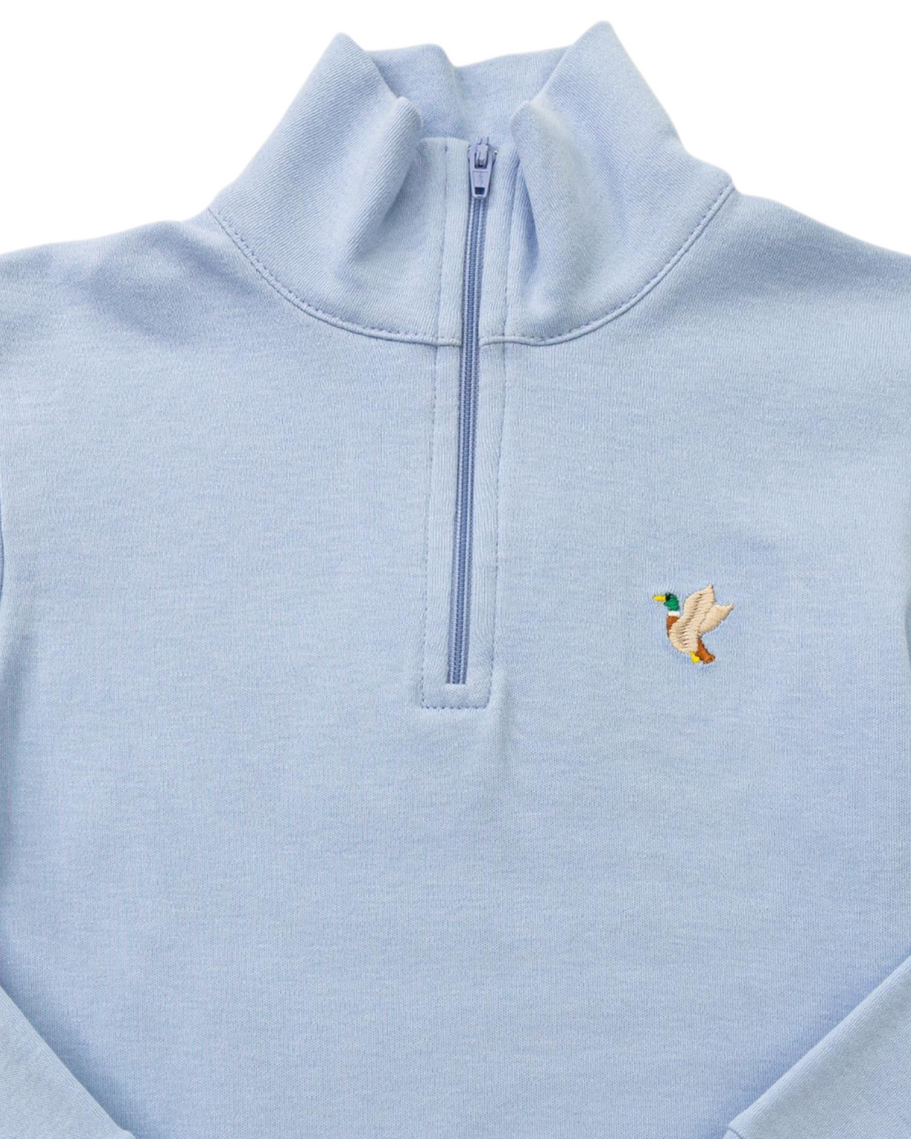 Flying Mallard Embroidered 1/4 Zip Blue Jacket, Close up