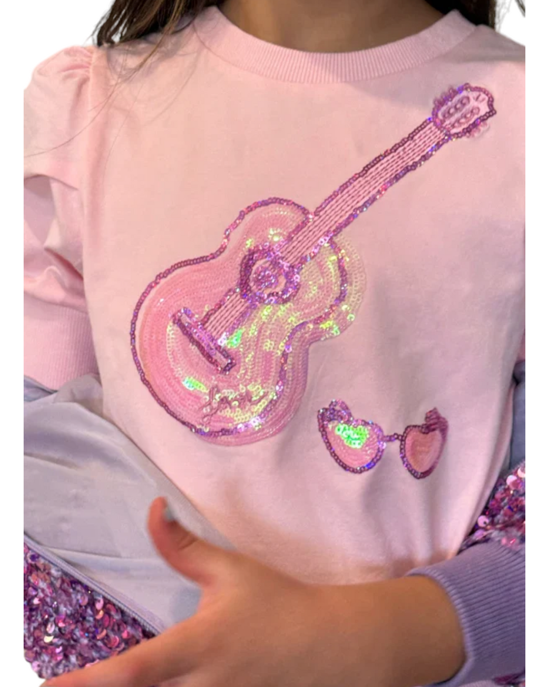 Guitar Sequin Puff Sleeve Pink Top, guitar