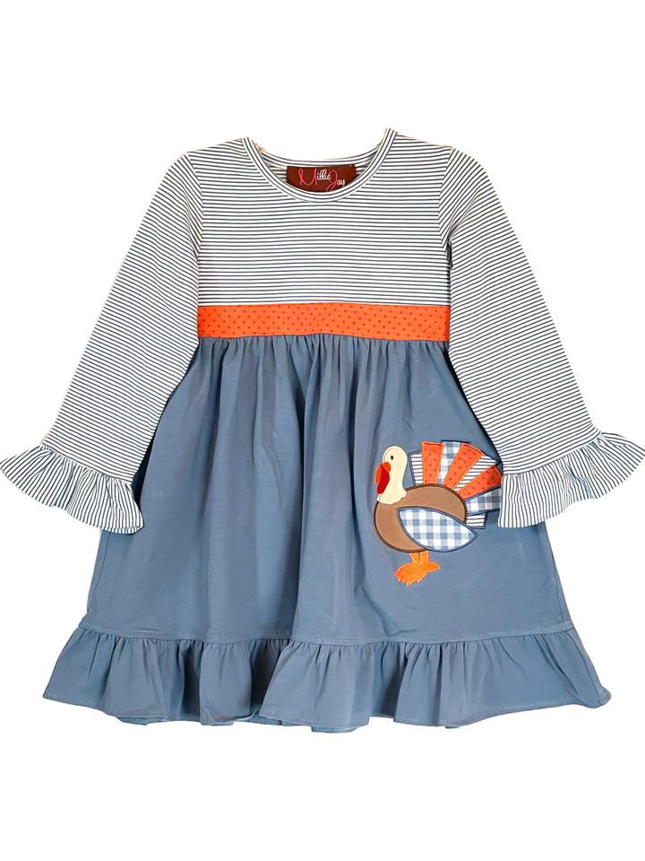 Tessa the Turkey Applique Blue Dress