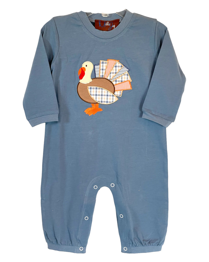 Tommy the Turkey Applique Boys Blue Romper