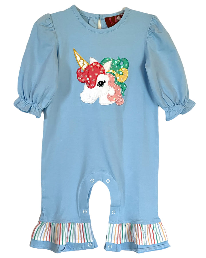 Unicorn Applique Girls Blue Romper