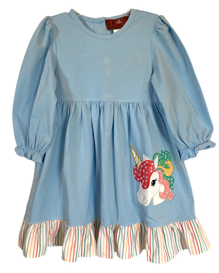 Unicorn Applique Blue Girls Dress