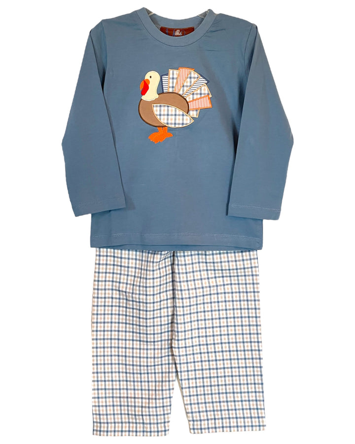 Tommy the Turkey Applique Boys Blue Check Pant Set