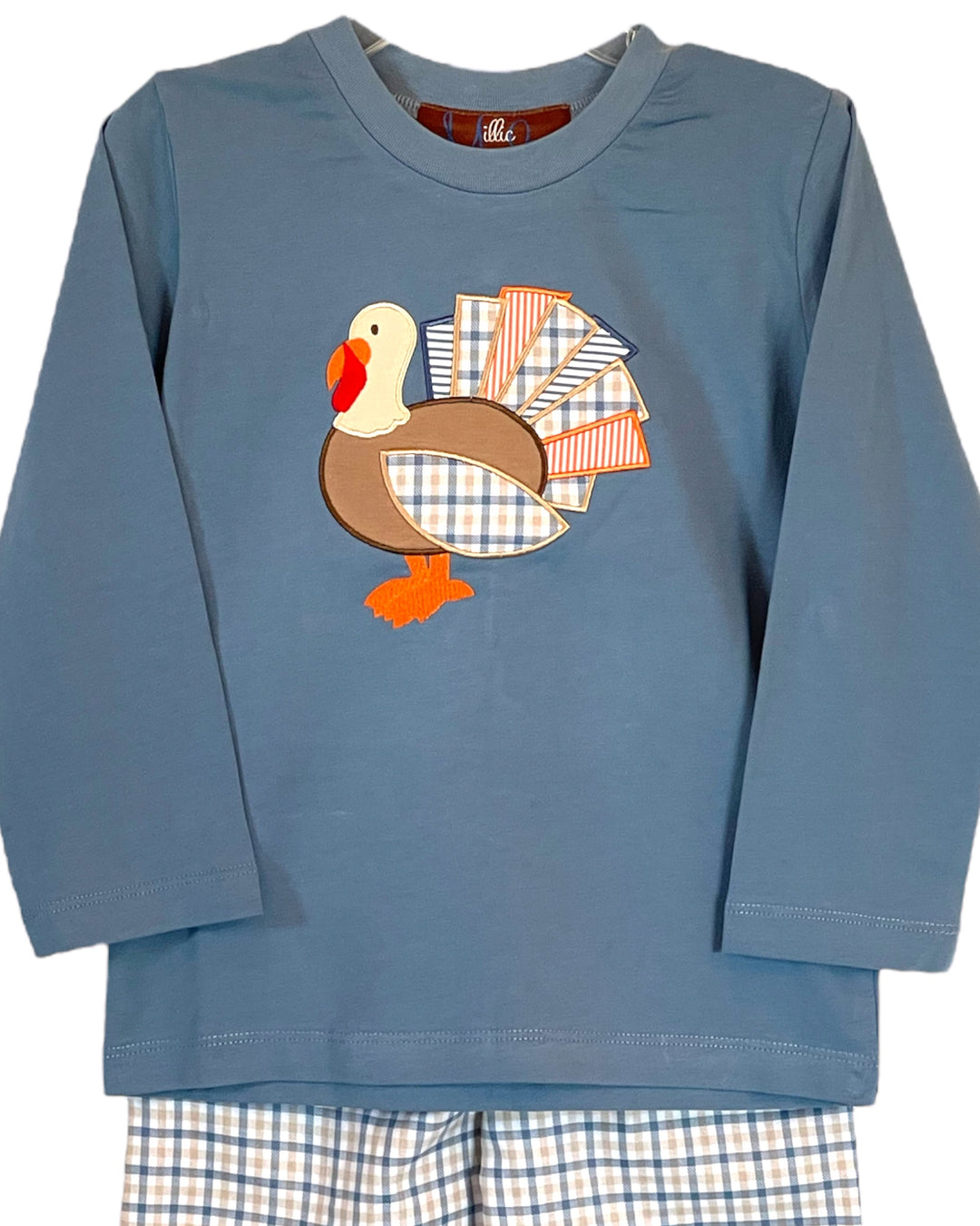 Tommy the Turkey Applique Boys Blue Check Pant Set