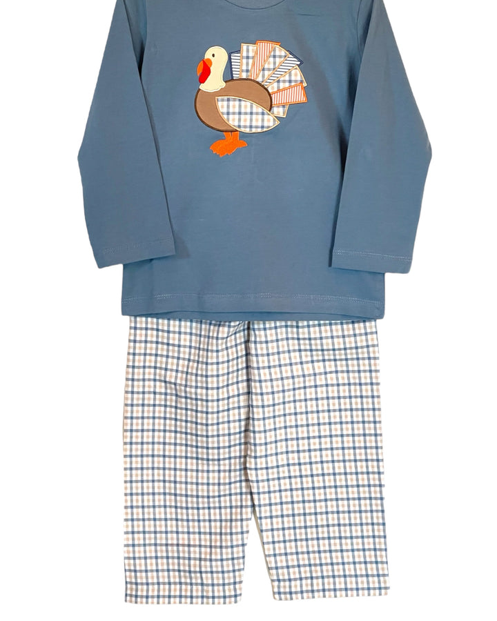 Tommy the Turkey Applique Boys Blue Check Pant Set