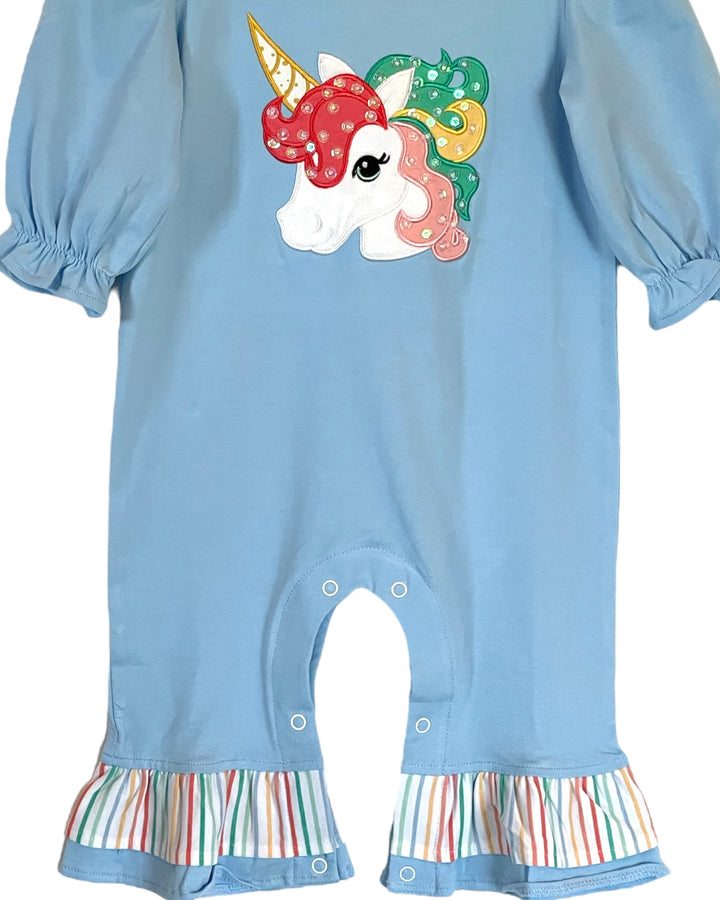 Unicorn Applique Girls Blue Romper