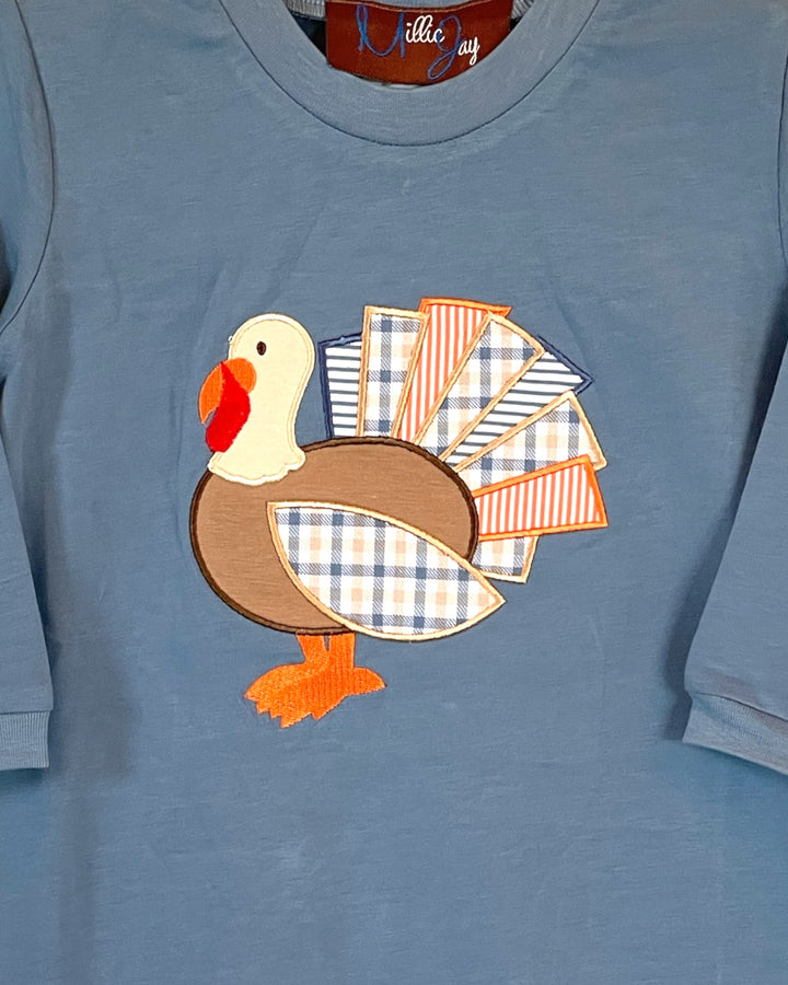 Tommy the Turkey Applique Boys Blue Romper