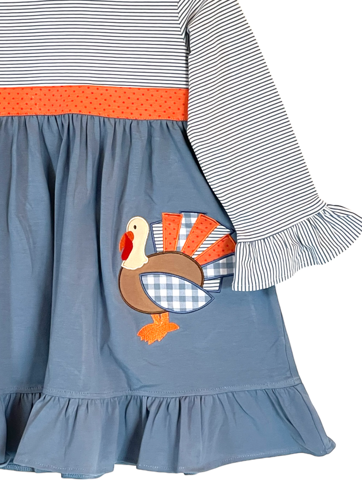 Tessa the Turkey Applique Blue Dress