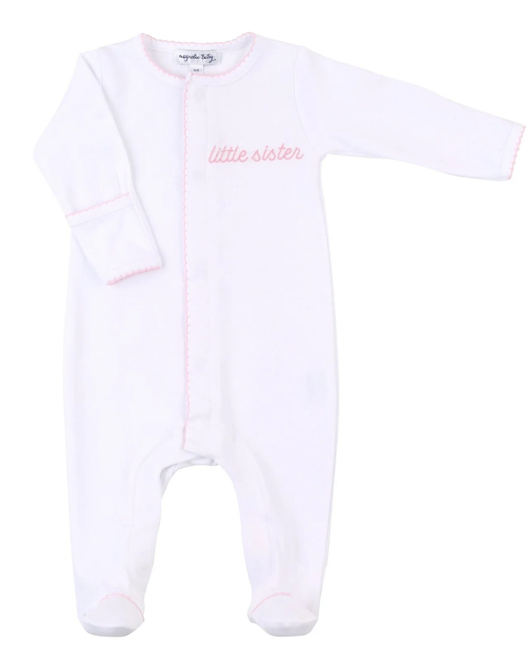 Little Sister Embroidered White/Pink Girls Footie, front