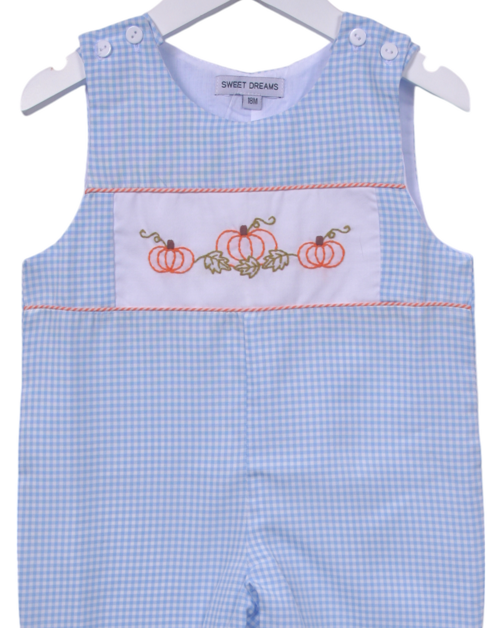 Pumpkin Embroidered Blue Gingham Boys Longall, top