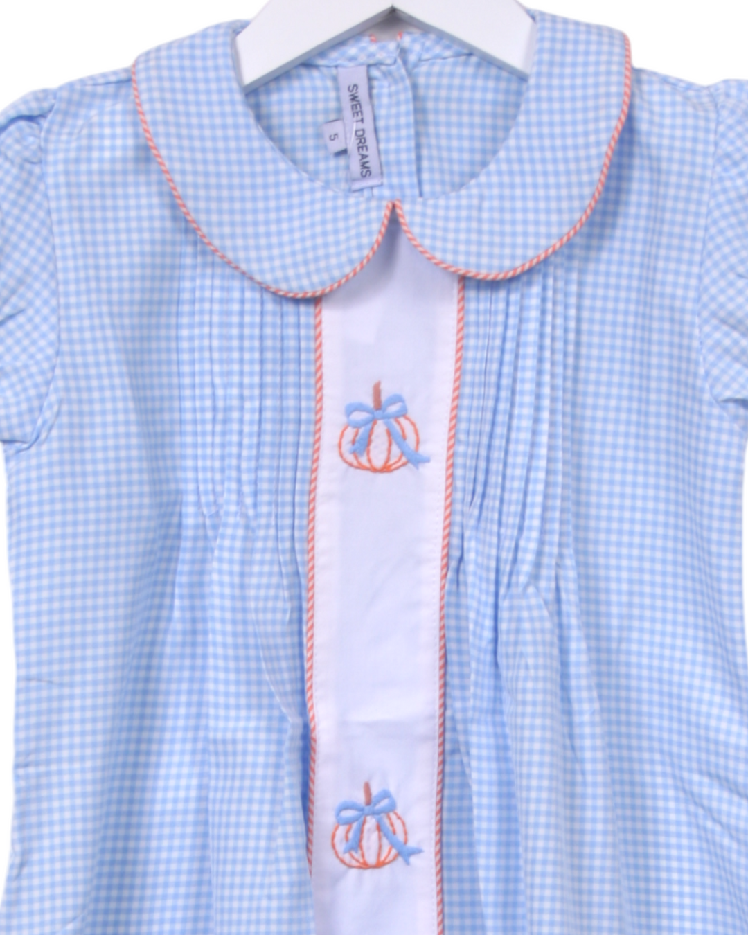 Pumpkin Embroidered Blue Gingham Dress, close up