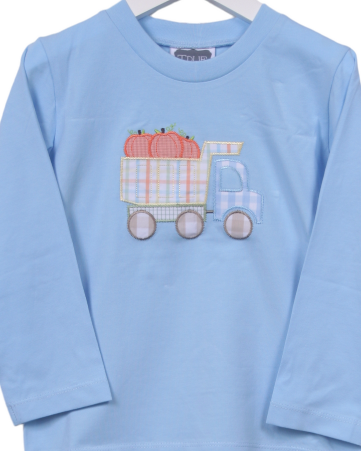 Pumpkin Truck Applique Blue Plaid Boys Pant Set, close up