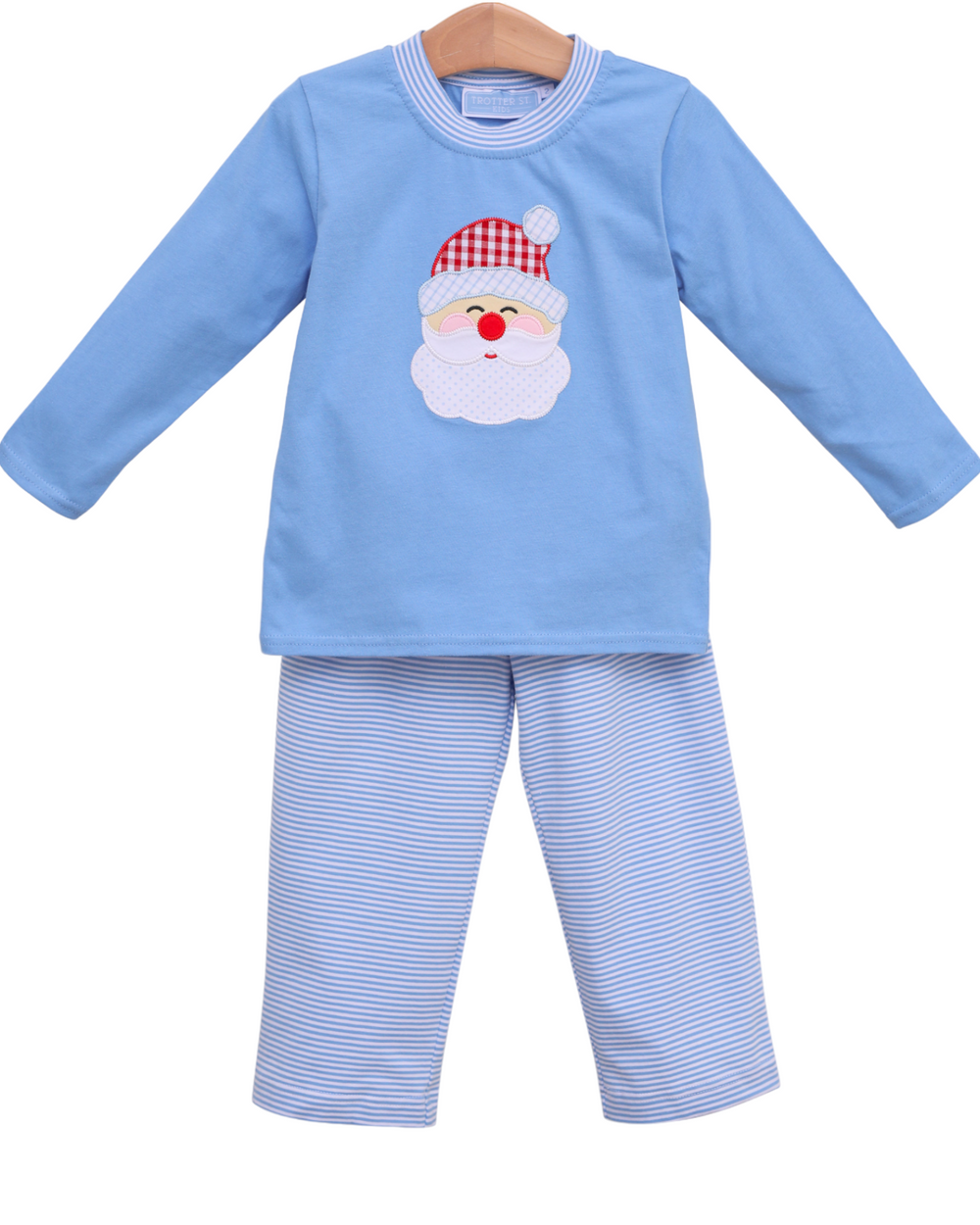 Santa Applique Blue Stripe Boys Pant Set