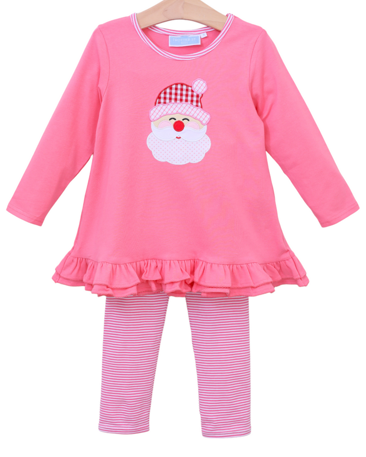 Santa Applique Pink Stripe Girls Pant Set