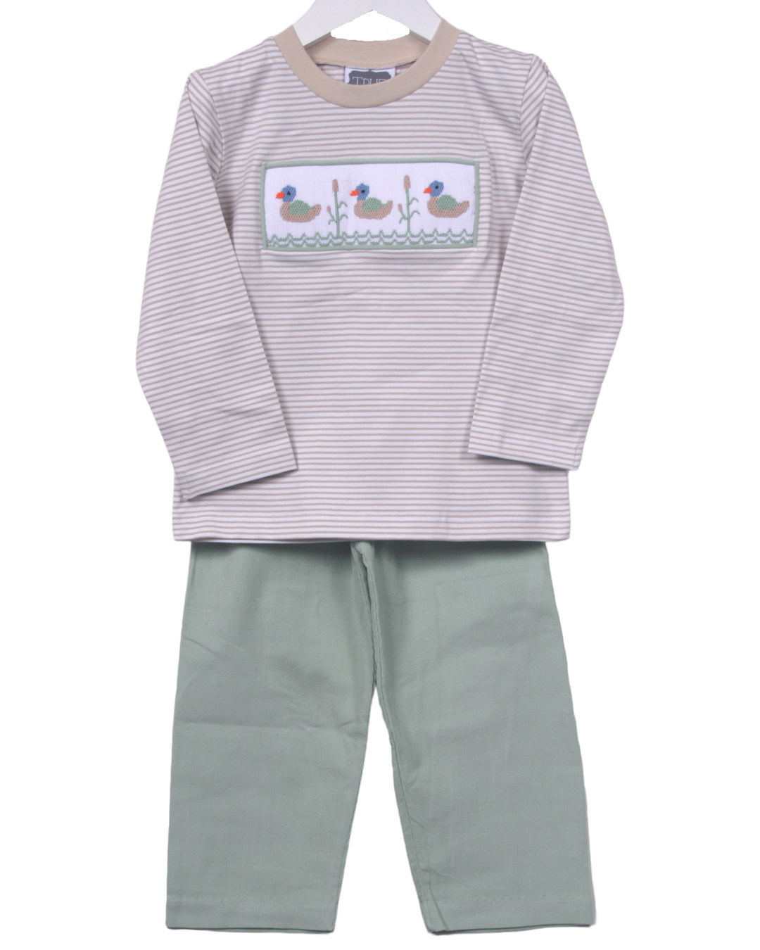 Smocked Mallard Duck Brown Stripe Boys Pant Set