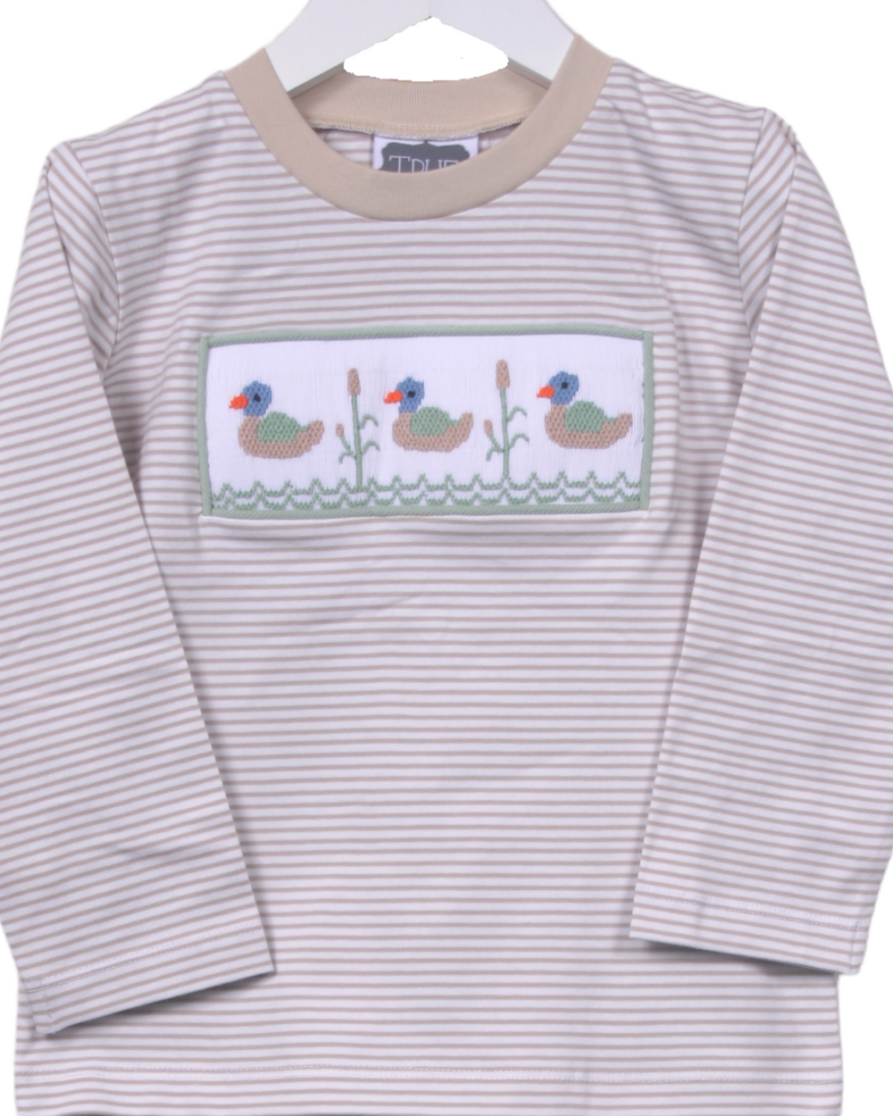 Smocked Mallard Duck Brown Stripe Boys Pant Set, close up